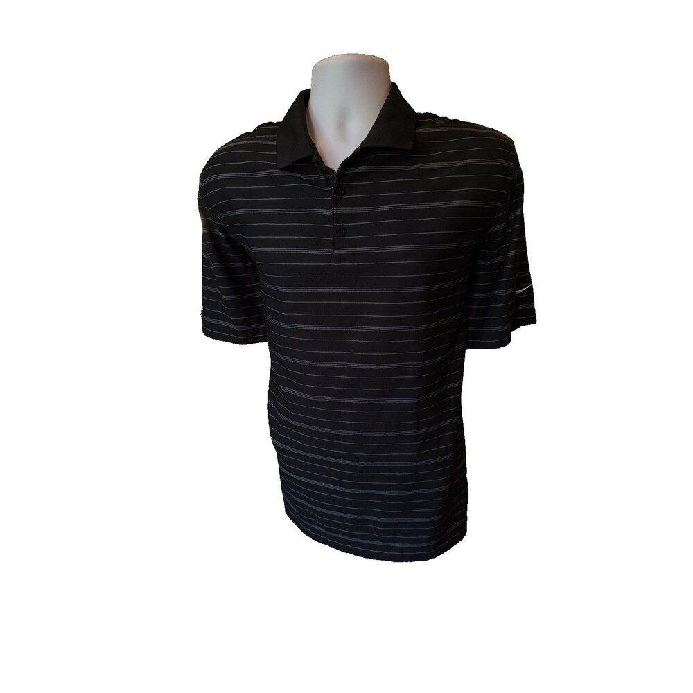 Nike Golf Shirt Polo Mens Medium Fit Dry Black w/ White Stripes Short Sleeve EUC